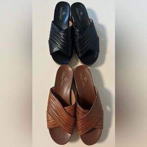 2 pair Patricia Nash Luca 9/10M EU40 Black &
Cognac Leather Wedge Slide Sandals